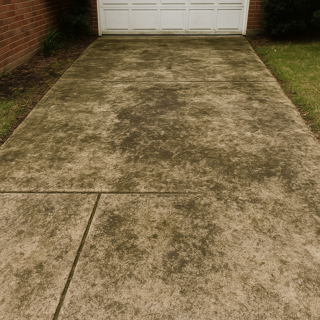 Stained concrete driveway before pressure washing service